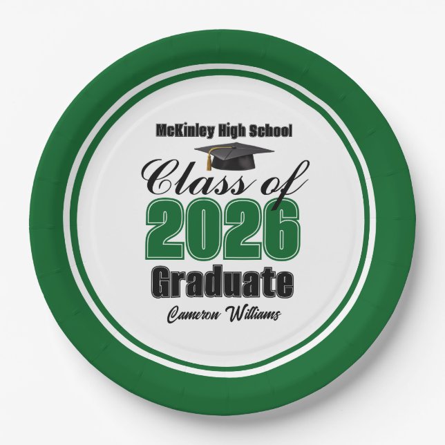 Personalized Green Class of 2026 Graduation Party Paper Plate (Front)