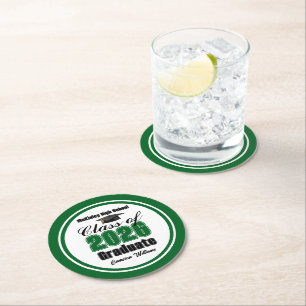 Personalized Green Class of 2026 Graduation Party Round Paper Coaster