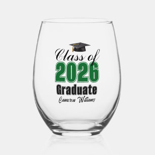 Personalized Green Class of 2026 Graduation Stemless Wine Glass