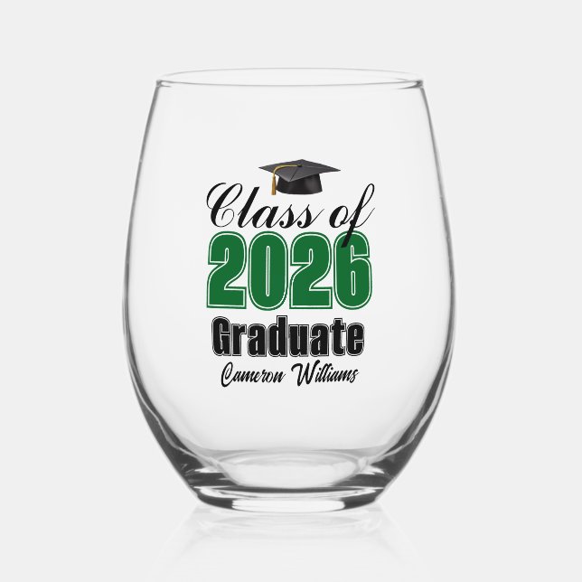 Personalized Green Class of 2026 Graduation Stemless Wine Glass (Front)