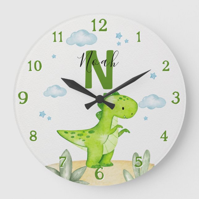 Personalized Green Dinosaur Nursery Large Clock (Front)