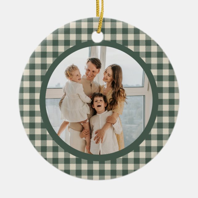 Personalized Green Gingham Family Photo Christmas Ceramic Tree Decoration (Front)