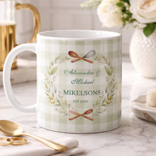 Personalized Green Gingham Newlywed Wedding Coffee Mug