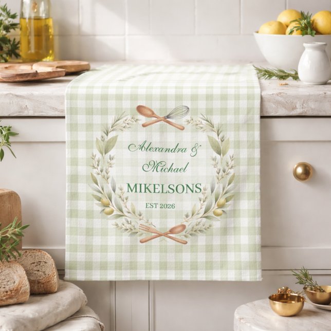Personalized Green Gingham Newlywed Wedding Tea Towel (Creator Uploaded)