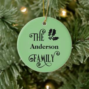 Personalized Green Holly Family Names Christmas Ceramic Tree Decoration