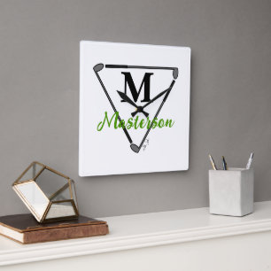 Personalized Green Monogram/Name Unique Golf Clubs Square Wall Clock