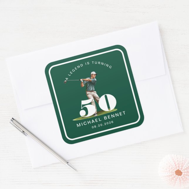 Personalized Green Sports Golf 50th Birthday Square Sticker (Envelope)