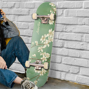 Personalized Green Spring White Flowers Skateboard