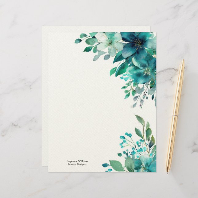 Personalized Green Teal Wildflowers Florals  Custom Letterhead (Front/Back In Situ)