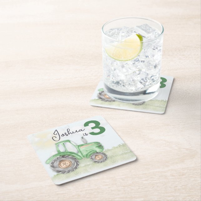 Personalized Green Tractor Theme Paper Coasters (Insitu)