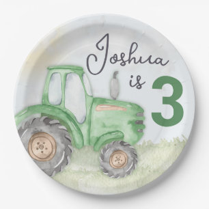 Personalized Green Tractor Theme Paper Plates
