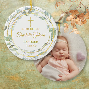 Personalized Greenery Gold Boy Girl Baptism Photo Ceramic Tree Decoration