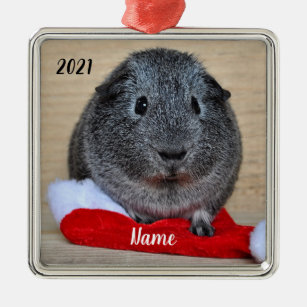 Personalized Grey Guinea Pig Santa Hat Metal Tree Decoration