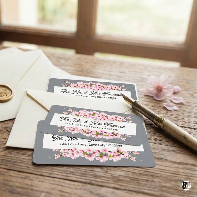 Personalized Grey & Pink Cherry Blossom Wedding  Label (Creator Uploaded)