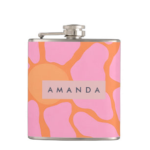 Personalized Groovy Orange and Pink Retro Flower Hip Flask