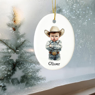 Personalized Grumpy Cowboy in Denim Outfit Ceramic Tree Decoration