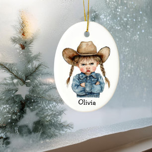 Personalized Grumpy Cowgirl in Denim Jacket Ceramic Tree Decoration