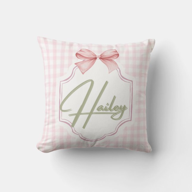 Personalized Hailey Baby Girl Nursery Bow&Gingham Cushion (Front)
