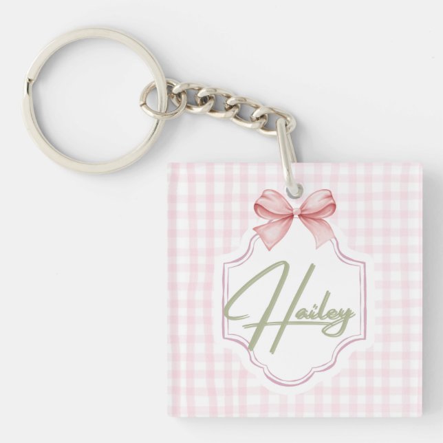 Personalized Hailey Baby Girl Nursery Bow&Gingham Key Ring (Front)