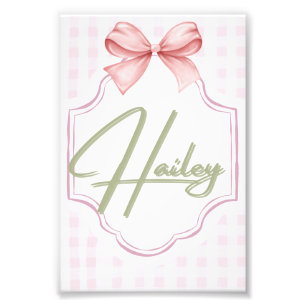 Personalized Hailey Baby Girl Nursery Bow&Gingham Photo Print