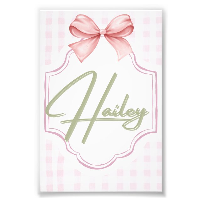 Personalized Hailey Baby Girl Nursery Bow&Gingham Photo Print (Front)