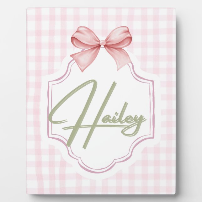 Personalized Hailey Baby Girl Nursery Bow&Gingham Plaque (Front)