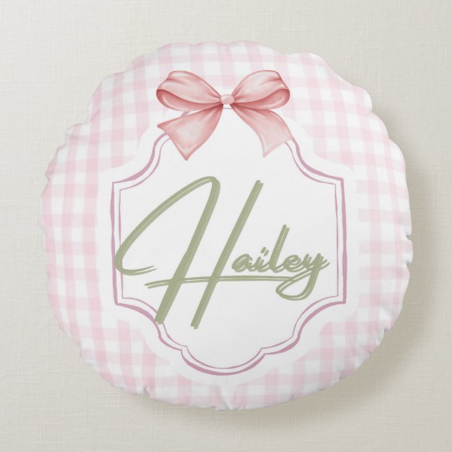 Personalized Hailey Baby Girl Nursery Bow&Gingham Round Cushion (Front)