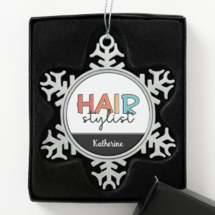 Personalized Hair Stylist Retro Hairdresser Gift Snowflake Pewter Christmas Ornament