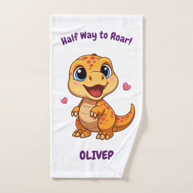 Personalized Halfway to One Dinosaur 6 Month Bath Towel Set (Hand Towel)
