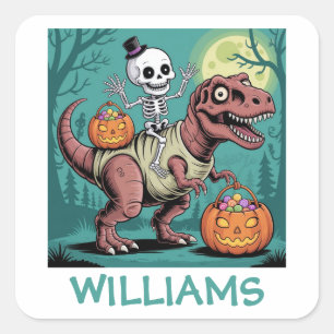 Personalized Halloween Skeleton Riding Dinosaur Square Sticker