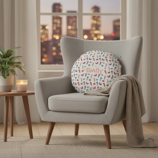 Personalized Hand-Drawn Folk Art Floral  Round Cushion (Creator Uploaded)