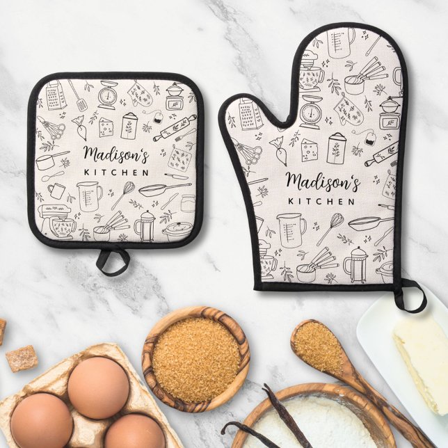 Personalized Hand Drawn Kitchen Cooking Utensils  Oven Mitt & Pot Holder Set (In situ)