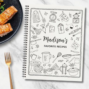 Personalized Hand Drawn Kitchen Utensils Recipe Notebook