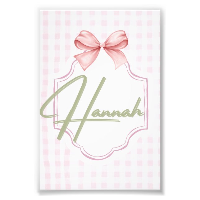Personalized Hannah Baby Girl Nursery Bow&Gingham Photo Print (Front)