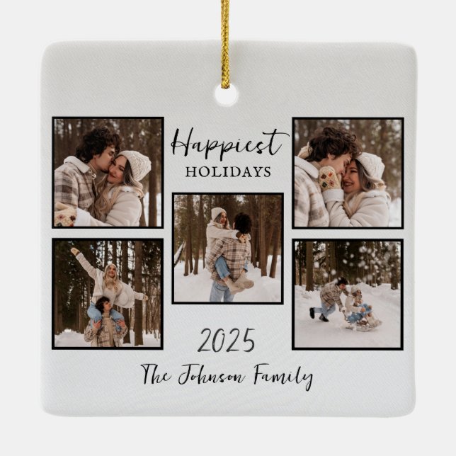 Personalized Happiest Holidays Photos Ceramic Ornament (Back)