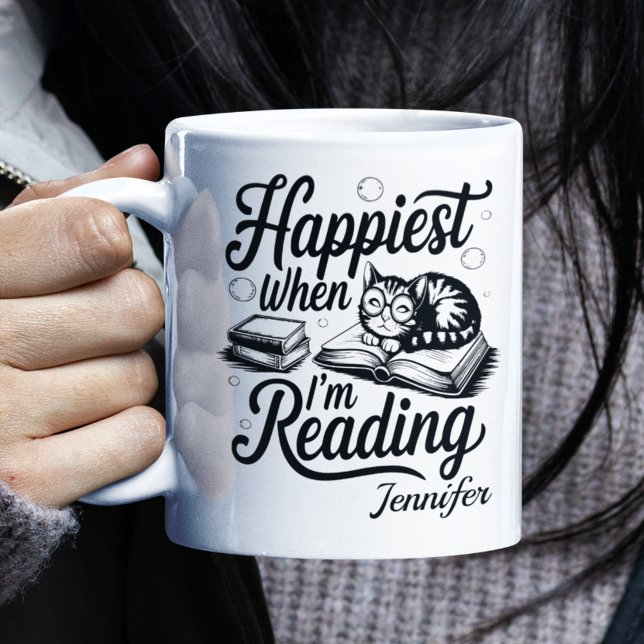 Personalized Happiest When I'm Reading Bookworm Coffee Mug (Happiest when I'm reading mug close up)