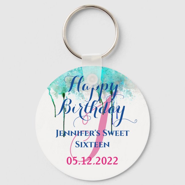 Personalized Happy 16 Birthday Sweet Sixteen party Key Ring (Front)