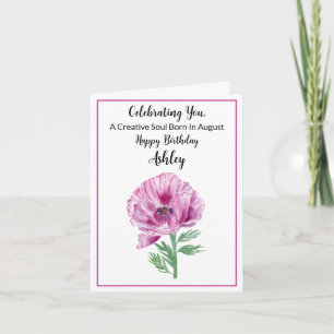 Personalized  Happy August Birthday Purple Poppy Card