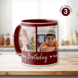 Personalized Happy Birthday 3 Photo Collage Maroon Mug