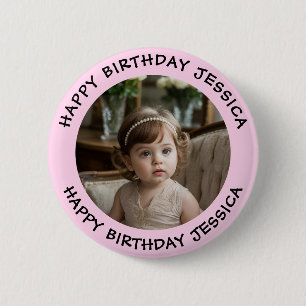 Personalized Happy Birthday Photo Name and Age 6 Cm Round Badge