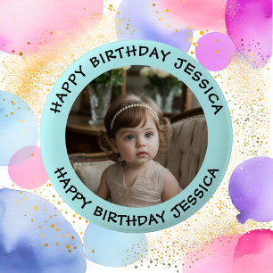 Personalized Happy Birthday Photo Name and Age 6 Cm Round Badge