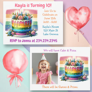 Personalized Happy Birthday   Rainbow Cake Invitation