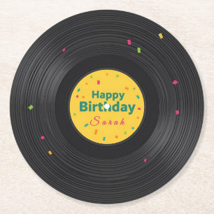 Personalized Happy Birthday Vinyl Record  Round Paper Coaster