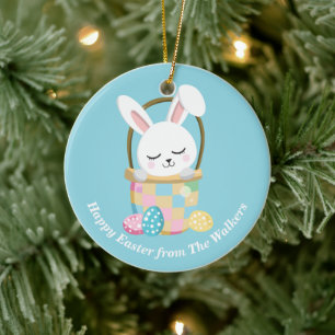 Personalized Happy Easter Bunny Baby Blue Ceramic Tree Decoration