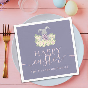 Personalized Happy Easter Cute Bunny Floral Purple Napkin