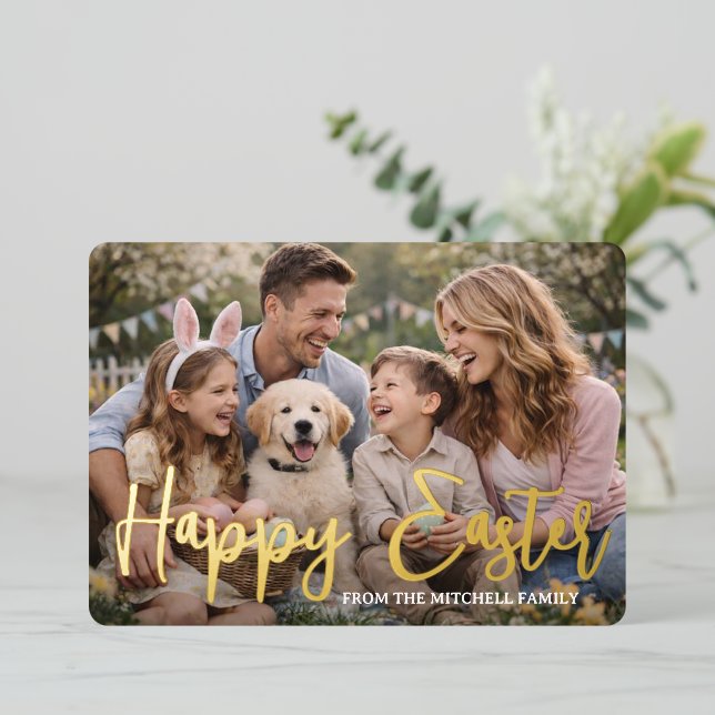 Personalized Happy Easter Family Photo Gold Foil Holiday Card (Standing Front)