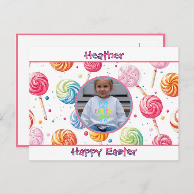 Personalized Happy Easter Lollipop Candy Photo Postcard (Front/Back)
