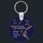 Personalized HAPPY HANUKKAH Key Ring<br><div class="desc">Stylish blue and gold personalized HAPPY HANUKKAH keychain to wish your family and friends a Happy Hanukkah. The design shows text that says HAPPY HANUKKAH in white typography at the center, with PEACE, LOVE & JOY in gold colored typography in one corner, and also written in HEBREW in the other...</div>