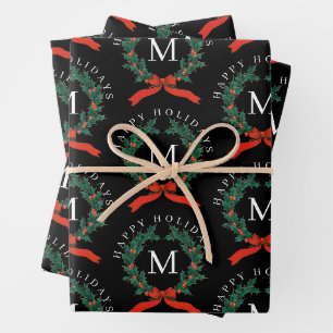 Personalized Happy Holidays Black Monogram Wreath Wrapping Paper Sheet