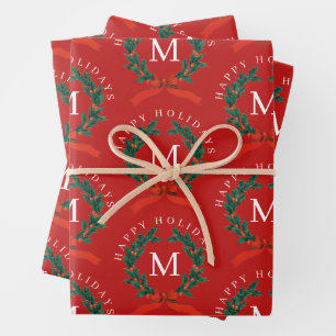 Personalized Happy Holidays Red Monogram Wreath Wrapping Paper Sheet